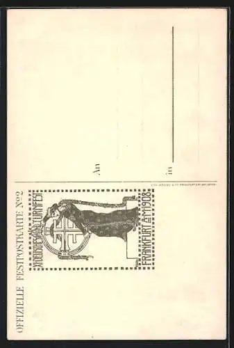 Künstler-AK Frankfurt a. Main, XI. Deutsches Turnfest 1908, Sportler mit Fahne & Schwert