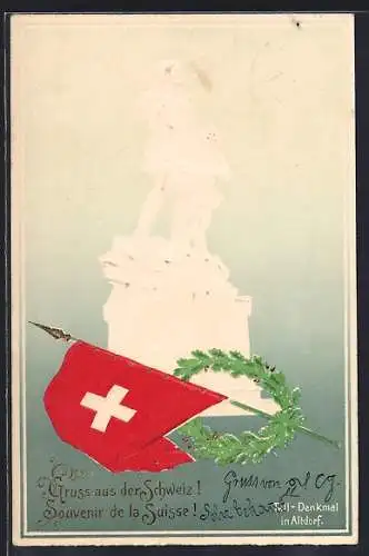 Lithographie Wilhelm Tell Denkmal in Altdorf und Schweizer Flagge