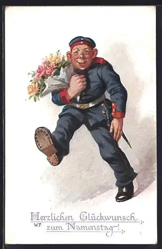 Künstler-AK Wally Fialkowska: Marschierender Soldat mit Blumenbouquet