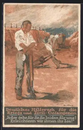 Künstler-AK Kriegs- und Zivilgefangene bei der Feldarbeit
