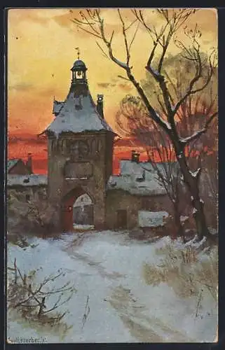 Künstler-AK August Splitgerber: Stadttor im winterlichen Sonnenuntergang