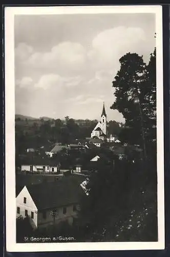 AK St. Georgen a. Gusen, Ortsansicht mit Kirche aus der Vogelschau