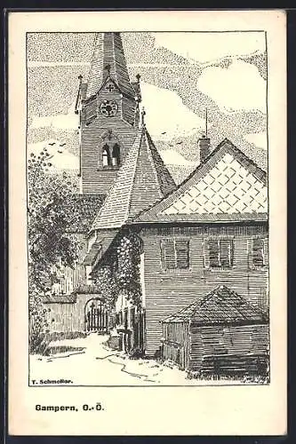 Künstler-AK Gampern, Ortspartie mit Kirche