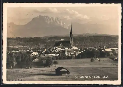 AK Schwanenstadt, Ortsansicht mit Wiesen und Bergpanorama aus der Vogelschau