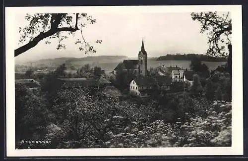 AK Bachmanning, Ortsansicht mit Kirche und Umgebung