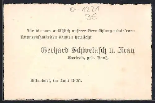 AK Ziltendorf, Private Dankkarte der Frischvermählten G. Schwetasch und Frau, 1925