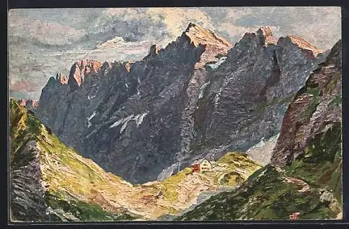 AK Lamsenjochhütte, Berghütte vor Gebirgsmassiv