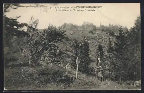 AK Hartmannswillerkopf, vues des ruines du vieux château de Frendstein, randonneur dans les bois