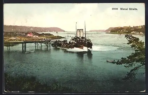 AK Menai Straits, Panorama mit Dampfer