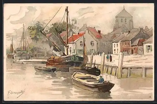 Künstler-Lithographie sign. F. Coenraets: Hafenpartie mit Blick zur Kirche, Boote