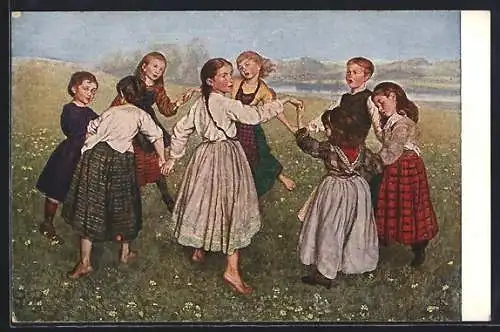 Künstler-AK Hans Thoma: Kinder spielen Ringelreihen auf der Wiese