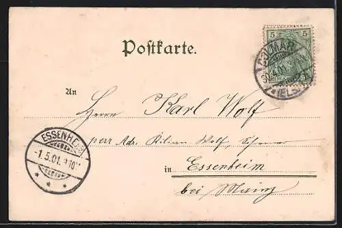 Lithographie Colmar, Ortsansicht, Bruat-Denkmal, Jäger-Kaserne