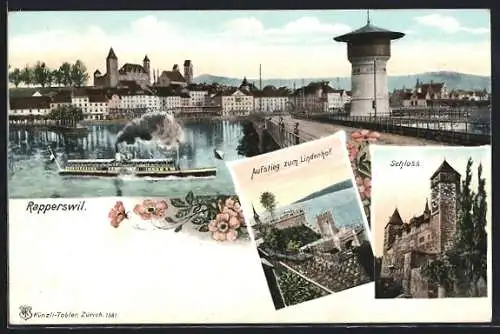 AK Rapperswil /SG, Ortsansicht mit Dampfer, Aufstieg zum Lindenhof, Schloss