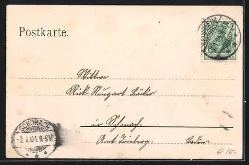 Lithographie Mülhausen, Binnenschiff im Kanal, Totalansicht