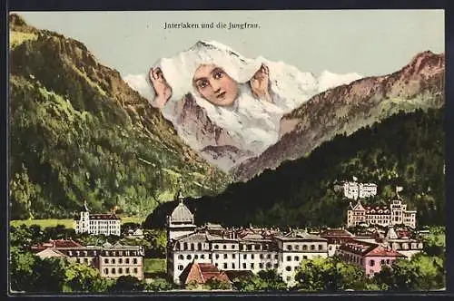 AK Interlaken, Stadt und Jungfrau mit Gesicht, Berggesicht, Berggesichter