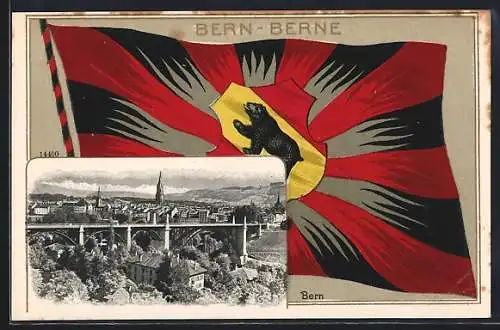 AK Bern / Berne, Panorama und Flagge mit Wappen