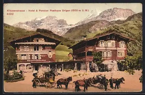 AK Klausenstrasse, Hotel & Pension Posthaus Urigen mit Postkutsche