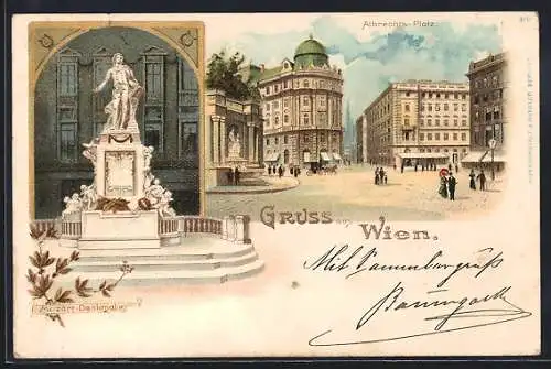 Lithographie Wien, Mozart-Denkmal, Albrechts-Platz, Pferdekutsche