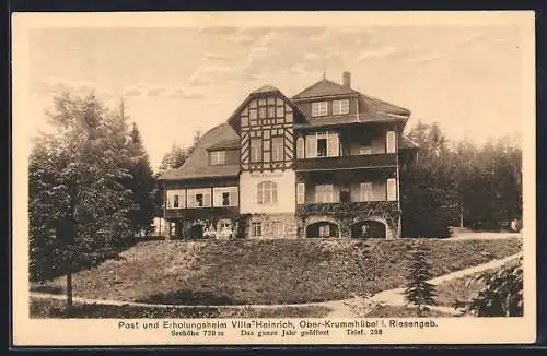 AK Ober-Krummhübel i. Riesengeb., Post- und Erholungsheim Villa Heinrich mit Garten