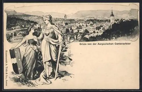 Künstler-AK Aargau, Aargauische Centenarfeier und Ortspanorama