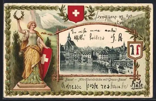 AK Basel, Alte Rheinbrücke mit Gross-Basel, Helvetia, Basler Stab