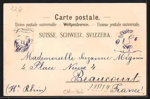 Lithographie Basel, Central-Bahnhof, Münster und Rathaus