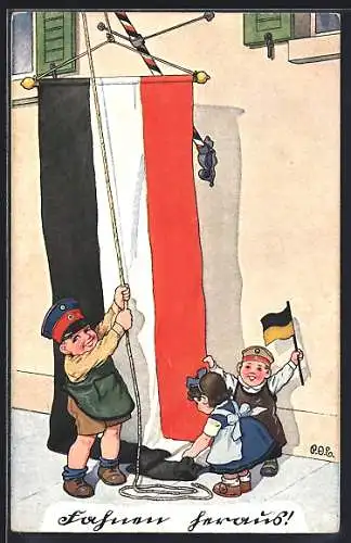 Künstler-AK P. O. Engelhard (P.O.E.): Kinder spielen Soldaten und hissen die Flagge