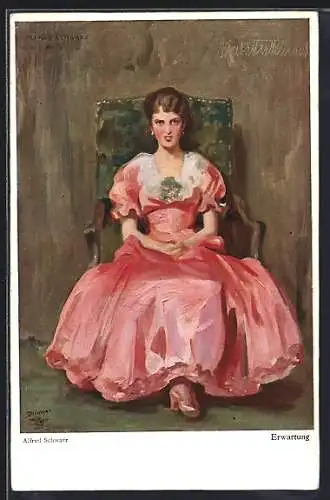 Künstler-AK Wohlgemuth & Lissner, Primus-Postkarte No. 3281, Alfred Schwarz, Erwartung, Frau im rosa Kleid