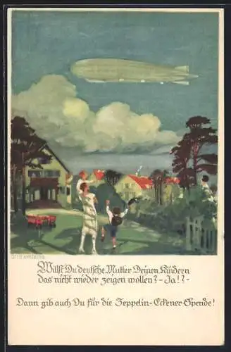 Künstler-AK Otto Amtsberg: Zeppelin-Eckener-Spende, Familie winkt Luftschiff am Himmel