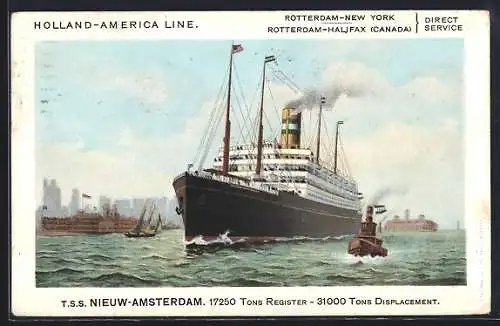 Künstler-AK T.S.S. Passagierschiff Nieuw Amsterdam der Holland-America Line in Küstennähe