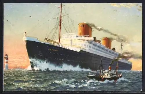 Künstler-AK Passagierschiff Bremen pflügt durchs Wasser, Norddeutscher Lloyd Bremen