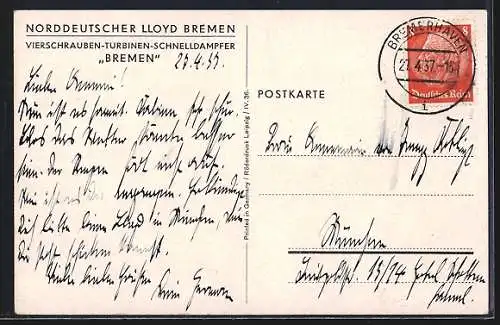 Künstler-AK Passagierschiff Bremen pflügt durchs Wasser, Norddeutscher Lloyd Bremen