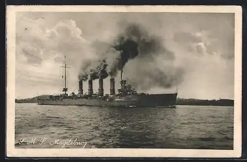 AK Kriegsschiff SMS Magdeburg vor der Küste