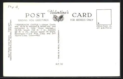 AK Passagierschiff Edinburgh Castle auf hoher See, Union-Castle Line