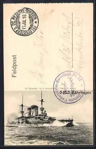 AK Kriegsschiff SMS Zähringen auf rauher See