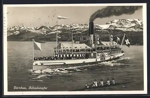 AK Zürichsee-Dampfer Helvetia und Sportruderboot