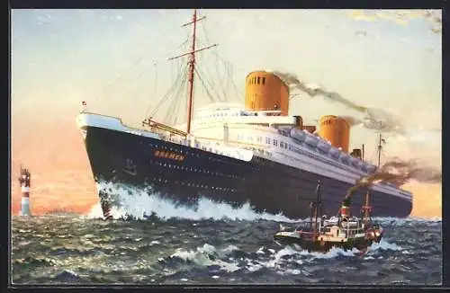 Künstler-AK Passagierschiff Bremen pflügt durchs Wasser, Norddeutscher Lloyd Bremen