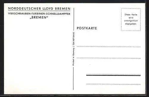 Künstler-AK Passagierschiff Bremen pflügt durchs Wasser, Norddeutscher Lloyd Bremen