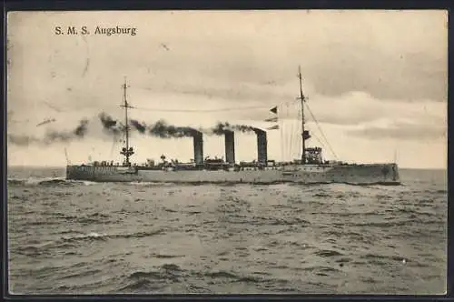 AK Kriegsschiff SMS Augsburg auf hoher See