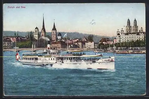 AK Zürich, Binnenschiff Stadt Zürich vor der Stadt