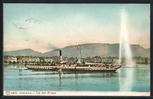 AK Genève, Le Jet d`eau, Salondampfer Aigle