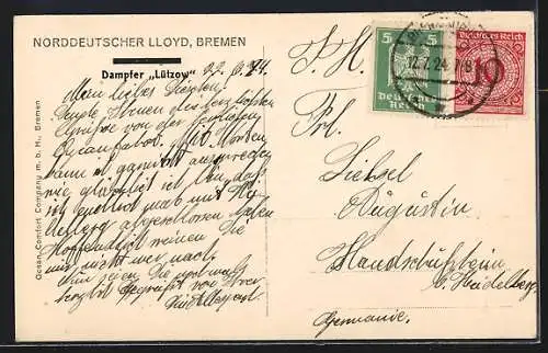 AK Passagierschiff Lützow auf hoher See, Norddeutscher Lloyd Bremen