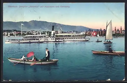 AK Dampfer Helvetia auf dem Zürichsee mit Alpenquai ud Uetliberg