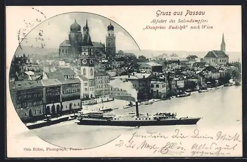 AK Passau, Donaupartie mit dem Salondampfer Kronprinz Rudolph