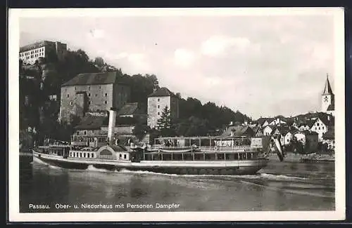 AK Passau, Ober- u. Niederhaus mit Personendampfer Habsburg auf der Donau