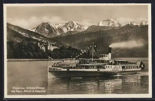 AK Dampfer Blümlisalp auf dem Thunersee am Schloss Hünegg, Eiger, Mönch und Jungfrau