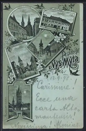 Mondschein-Lithographie Vysoke Myto, Kostel sv. Vavrince, Hotel Posta, Utomyslká Brána