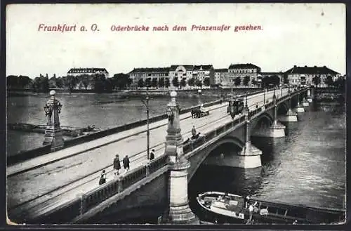 AK Frankfurt a. O., Oderbrücke mit Strassenbahn nach dem Prinzenufer gesehen