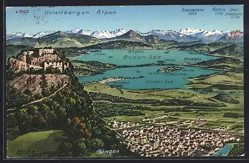 AK Singen / Hohentwiel, Ortsansicht mit Bodensee und Hohentwiel, Blick auf die Vorarlberger Alpen