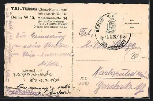 AK Berlin-Charlottenburg, Tai Tung, China-Restaurant, Meinekestrasse 24, Blick in den Speiseraum